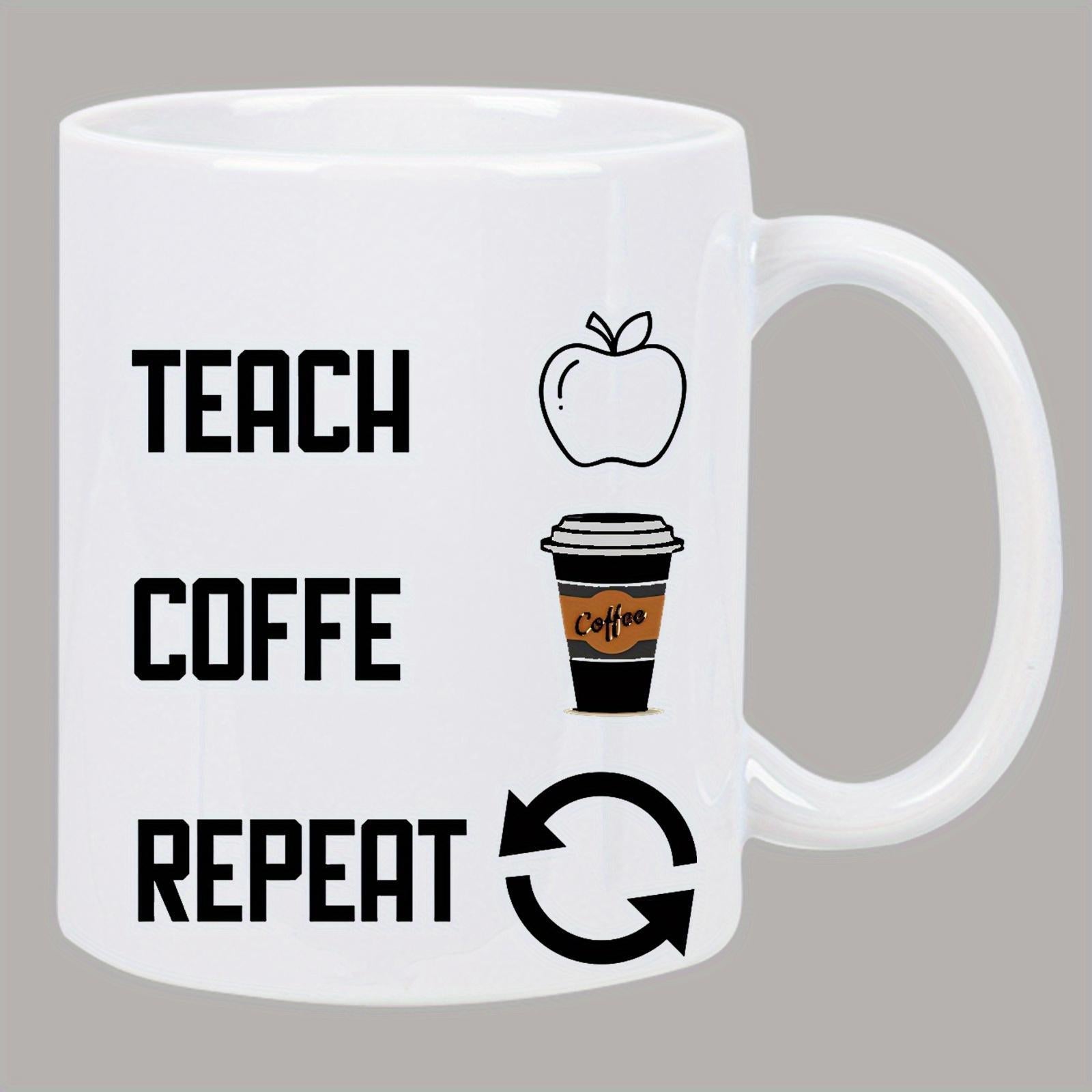 Tailorly White Ceramic 11 oz Mug - Teach Coffe Repeat Minimalist Outlined Apple And Paper Coffee Cup With Arrows Sign
