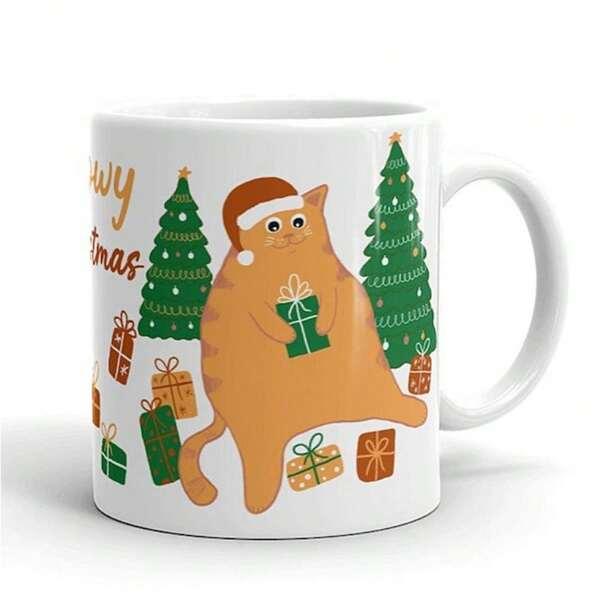 Tailorly White Ceramic 11 oz Mug - Merry Christmas Festive Chubby Orange Cat Holding Present Beside Decorated Christmas Trees Cat