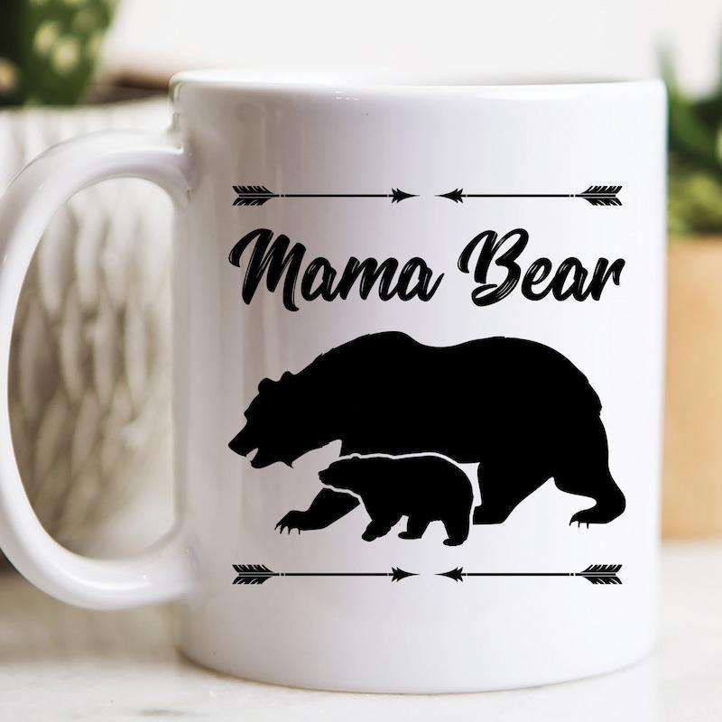 Tailorly White Ceramic 11 oz Mug - Mama Bear Minimalist Black Silhouettes Of Mother And Cub Between Stylized Arrows Bear