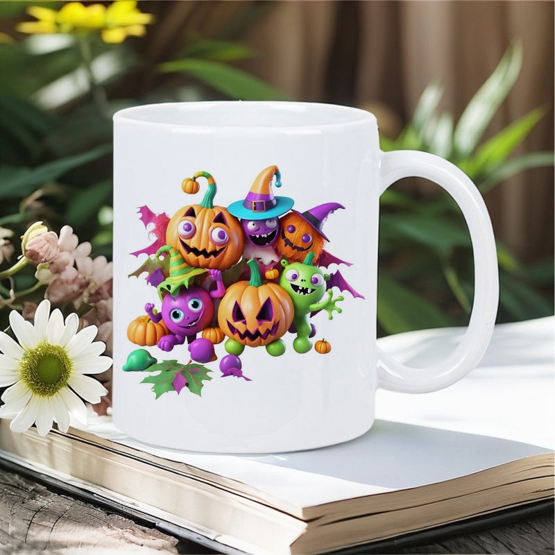Tailorly White Ceramic 11 oz Mug - Vibrant Whimsical Cartoon Monsters And Pumpkins Celebrating Halloween Under Bright Daylight Pumpkin