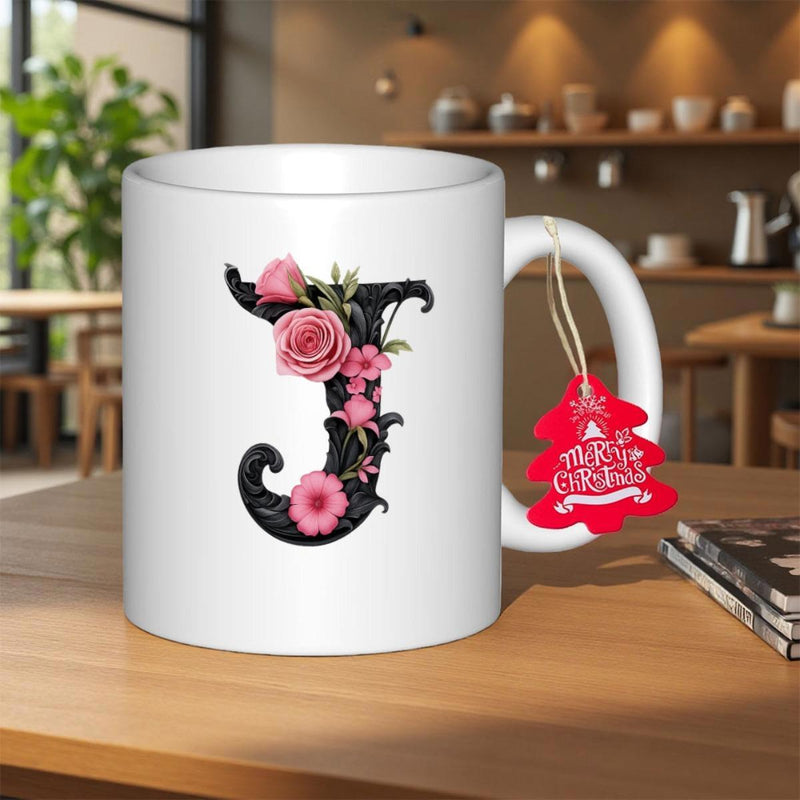 Tailorly White Ceramic 11 oz Mug - J Merry Christmas Elegant Ornate Black Letter Adorned With Blooming Pink Petals Flower
