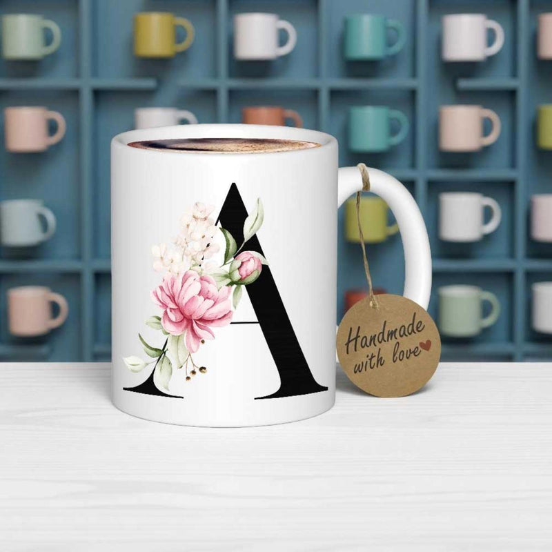 Tailorly White Ceramic 11 oz Mug - Handmade With Love Elegant Black Serif Capital Character Decorated With Soft Pink Peony Letter