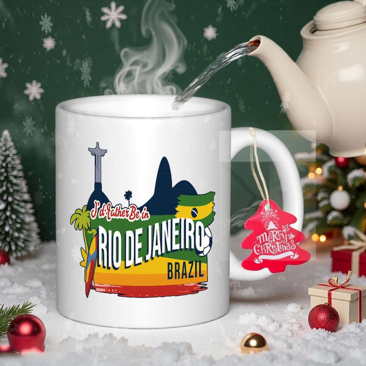 Tailorly White Ceramic 11 oz Mug - Rio De Janeiro Brazil Landmark Silhouettes With Palm Trees And Soccer Ball Tropical Style Skyline