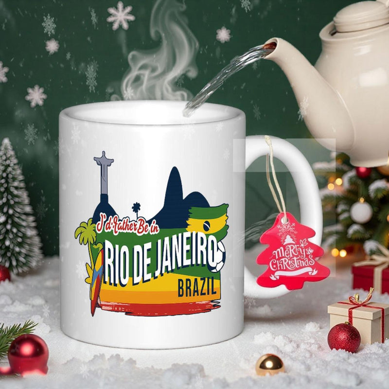 Tailorly White Ceramic 11 oz Mug - Rio De Janeiro Brazil Landmark Silhouettes With Palm Trees And Soccer Ball Tropical Style Skyline