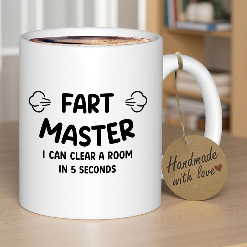 Tailorly White Ceramic 11 oz Mug - Fart Master I Can Clear A Room In 5 Seconds Simple Puff Clouds Floating Near Bold Comic Style Black Text Mug