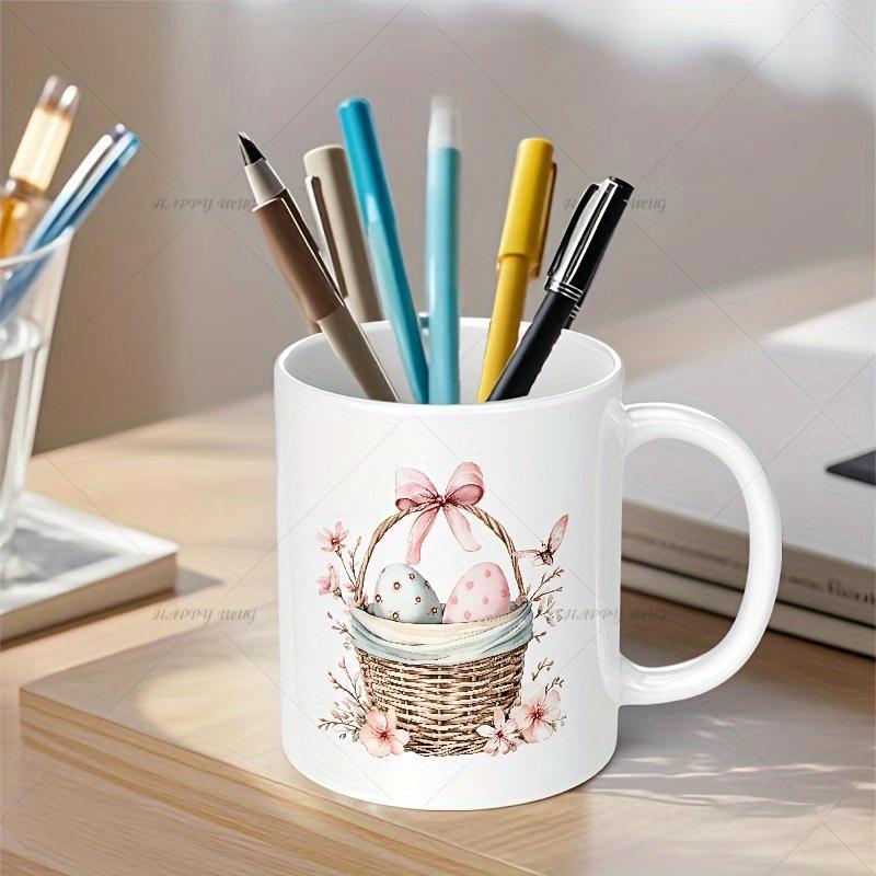 Tailorly White Ceramic 11 oz Mug - Woven Wicker Nest Filled With Decorated Easter Eggs And Delicate Pink Flowers Basket