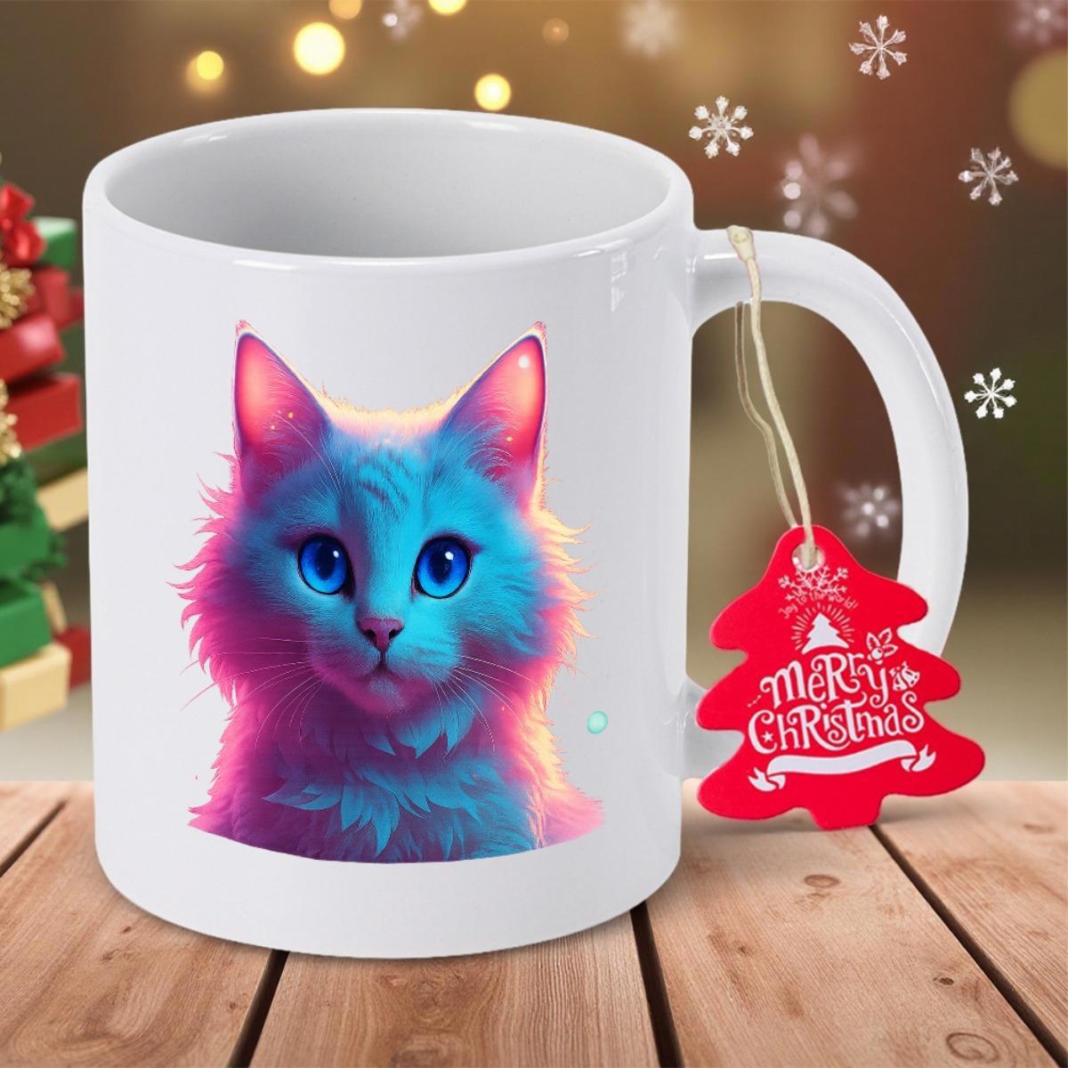 Tailorly White Ceramic 11 oz Mug - Merry Christmas Vibrant Neon Colorful Fluffy Long Hair Feline With Bright Blue Eyes Cat