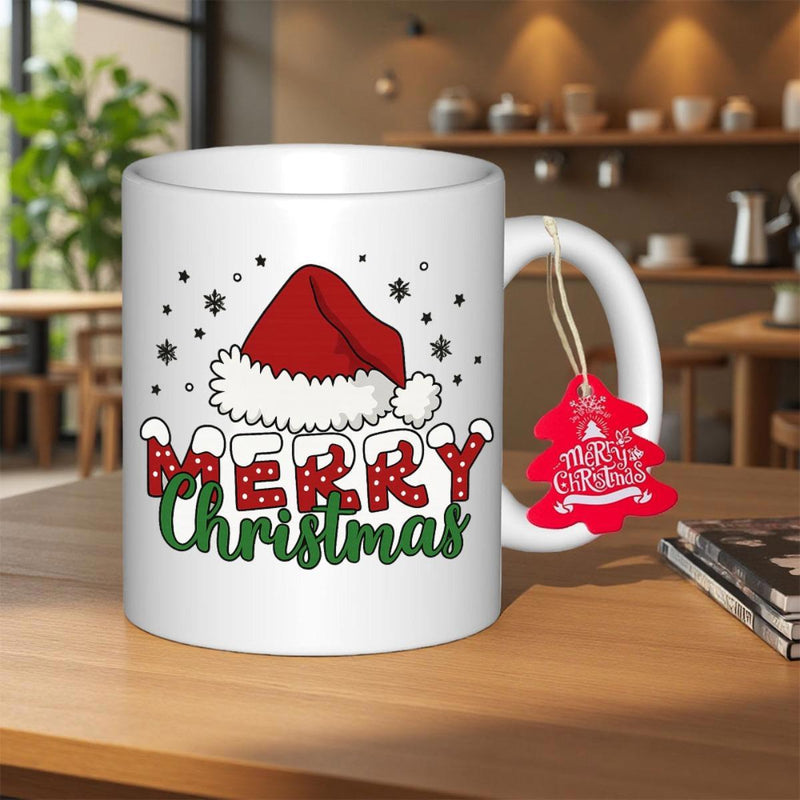 Tailorly White Ceramic 11 oz Mug - Merry Christmas Red Festive Design With White Snowflakes Resting Above Snow Capped Lettering Hat