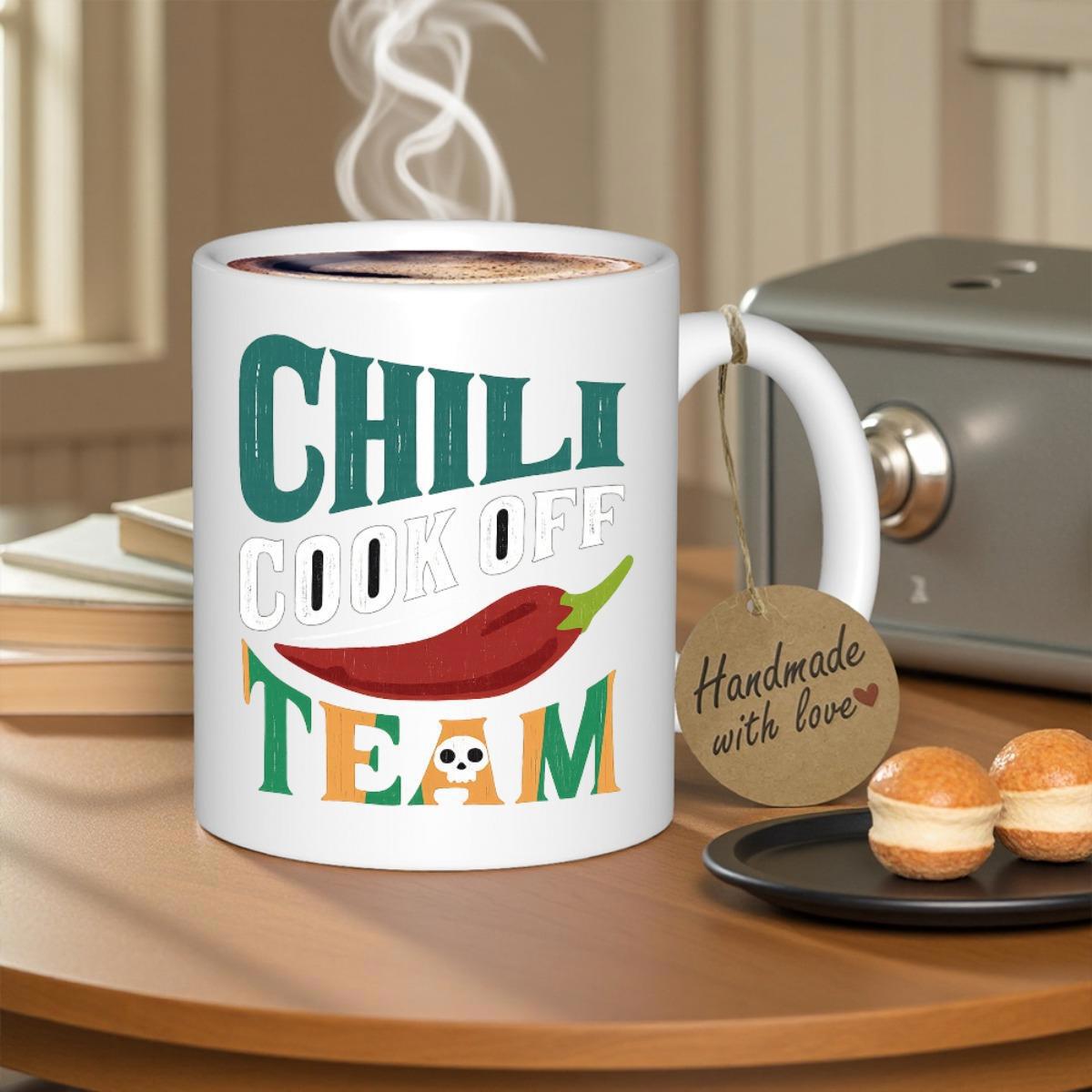 Tailorly White Ceramic 11 oz Mug - Chili Cook Off Team Bold Decorative Lettering Surrounding A Vibrant Ripe Red Hot Chili