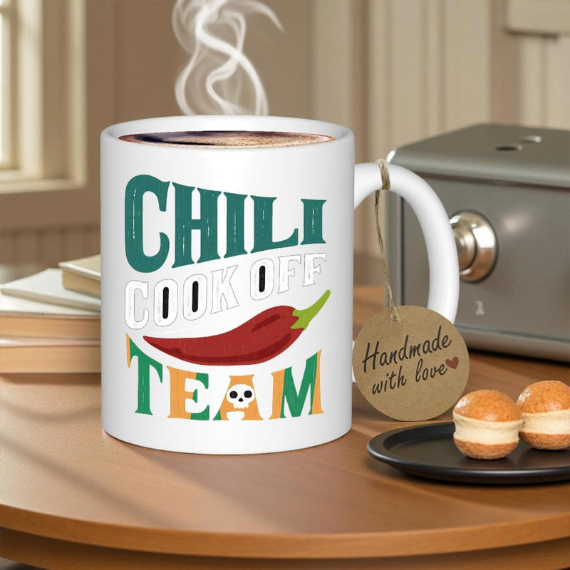 Tailorly White Ceramic 11 oz Mug - Chili Cook Off Team Bold Decorative Lettering Surrounding A Vibrant Ripe Red Hot Chili