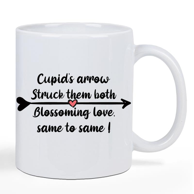 Tailorly White Ceramic 11 oz Mug - Cupids Arrow Struck Them Both Blossoming Love Same To Same Minimalist Black Piercing Heart Design Featuring A Small Romantic