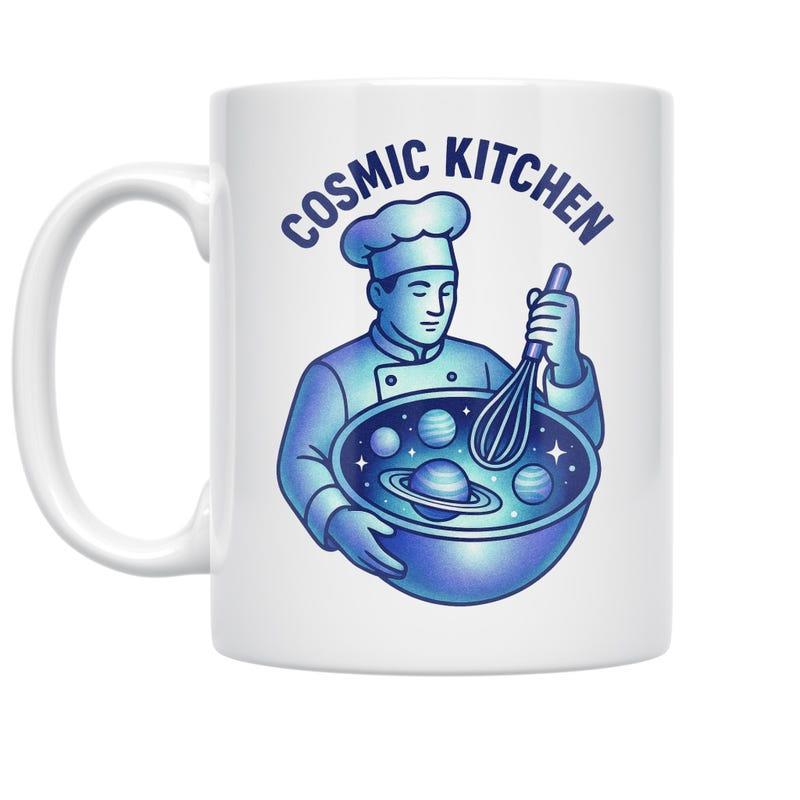 Tailorly White Ceramic 11 oz Mug - Cosmic Kitchen Artistic Blue Illustration Showing A Chef Mixing Galactic Planets Whisk Chef