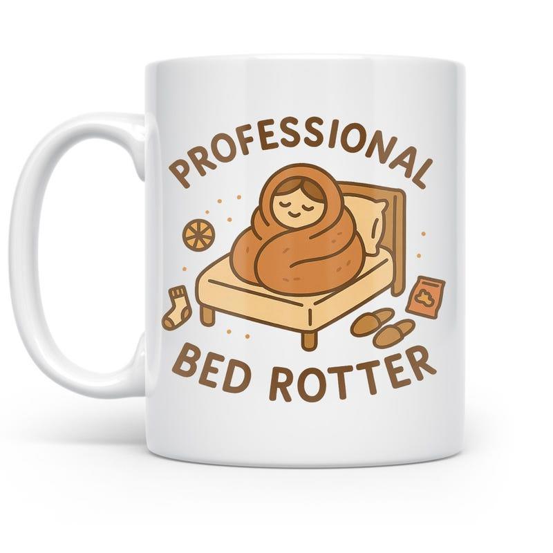 Tailorly White Ceramic 11 oz Mug - Professional Bed Rotter Cozy Person Wrapped In Thick Blanket Resting On Wooden Bed