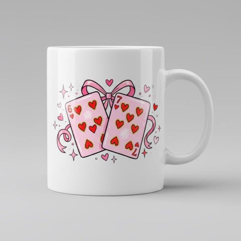 Tailorly White Ceramic 11 oz Mug - Whimsical Pink Illustration Featuring Hearts And A Delicate Silk Ribbon Card