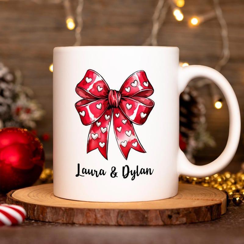 Tailorly White Ceramic 11 oz Mug - Laura Dylan Elegant Red Ribbon With Tiny White Hearts Decorative Bow