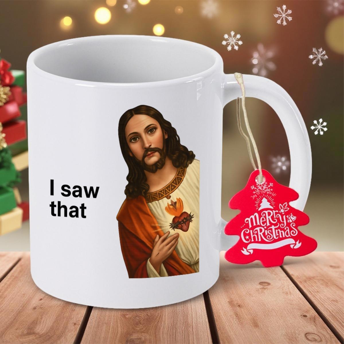 Tailorly White Ceramic 11 oz Mug - I Saw That Sacred Heart Religious Portrait With Flowing Robe And Pointing Hand Jesus