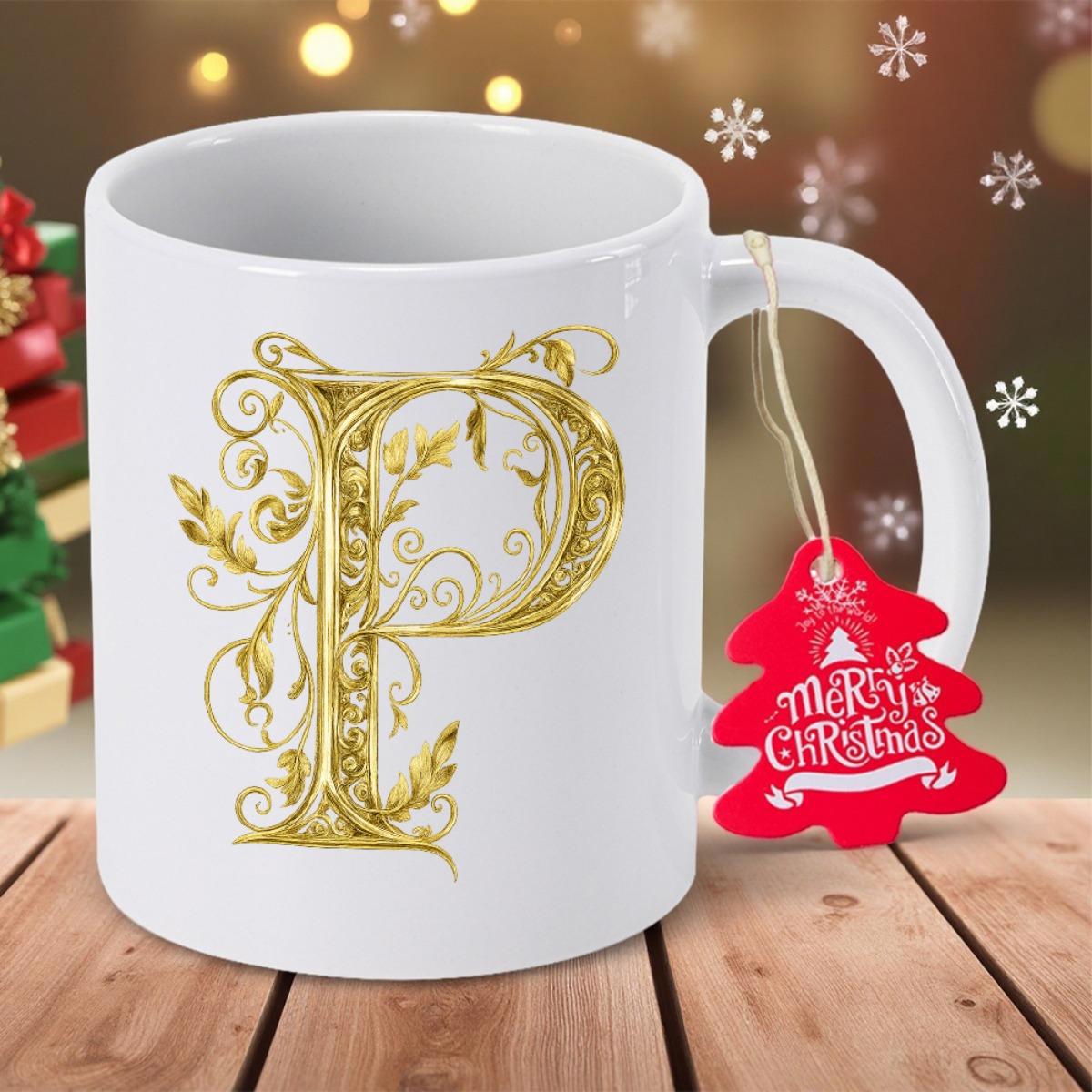 Tailorly White Ceramic 11 oz Mug - P Merry Christmas Elegant Gold Ornate Floral Vines With Swirls And Festive Texture Letter