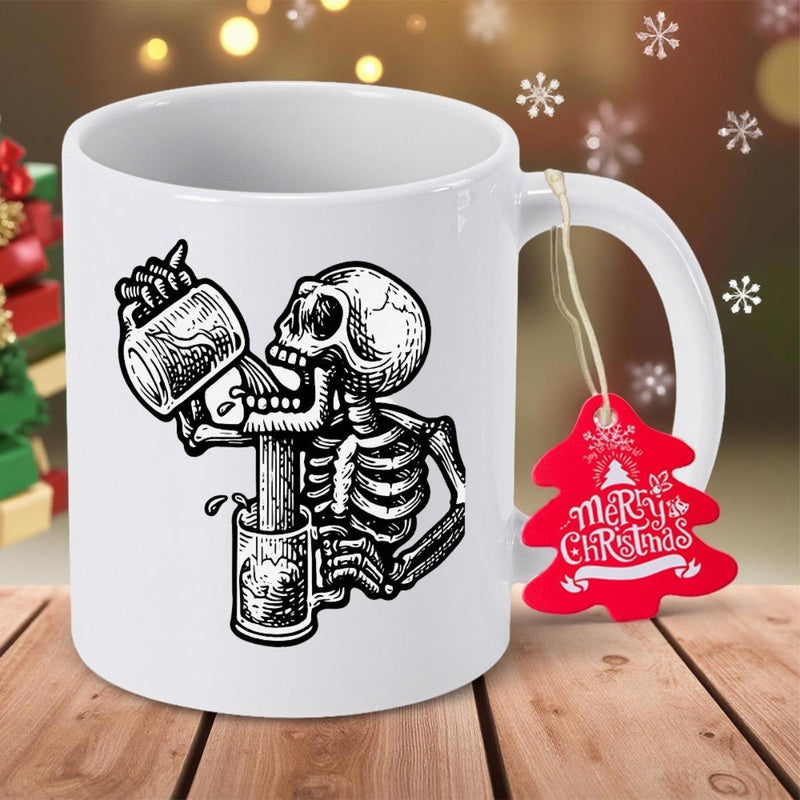 Tailorly White Ceramic 11 oz Mug - Vintage Woodcut Style Illustration Of A Drinking Beer Drinking Skeleton