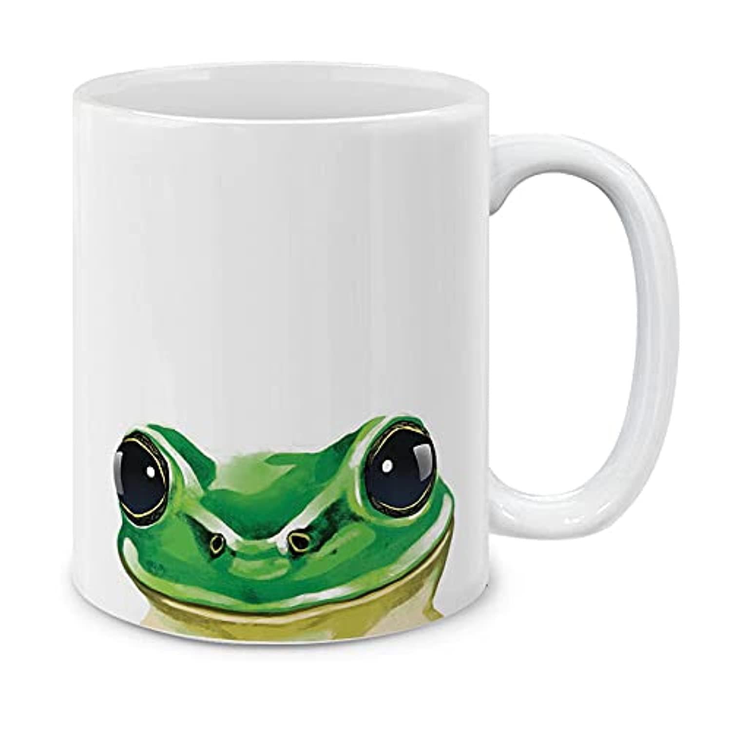 Tailorly White Ceramic 11 oz Mug - Vibrant Green Tree Frog Peeking From Bottom With Large Dark Eyes Frog