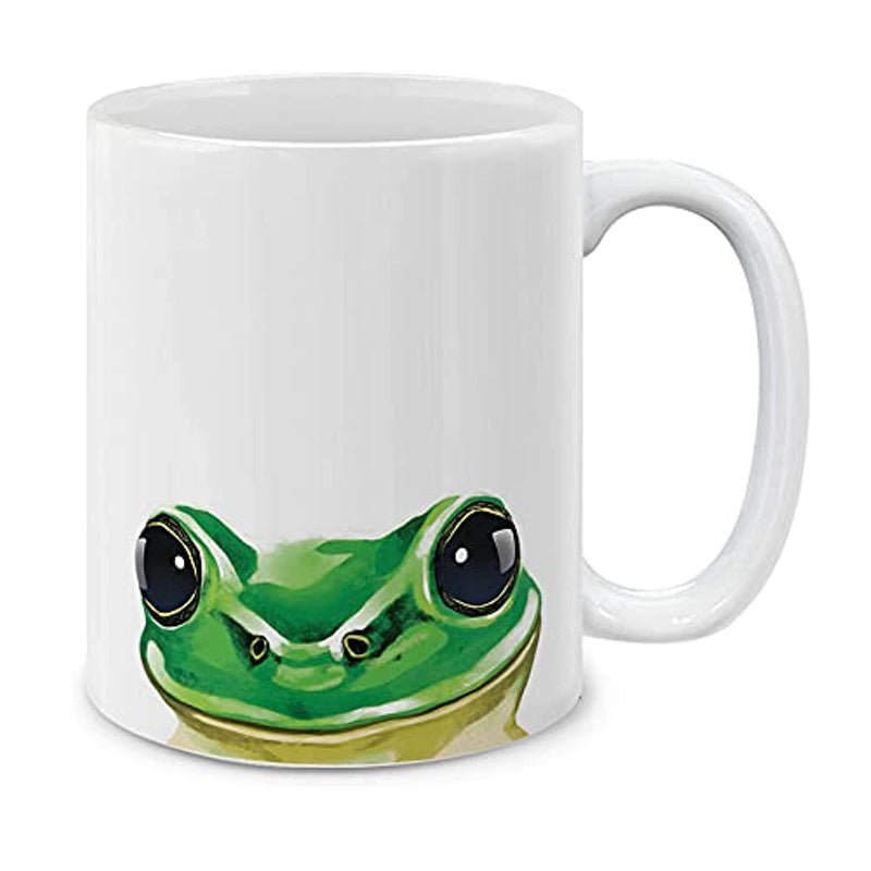 Tailorly White Ceramic 11 oz Mug - Vibrant Green Tree Frog Peeking From Bottom With Large Dark Eyes Frog