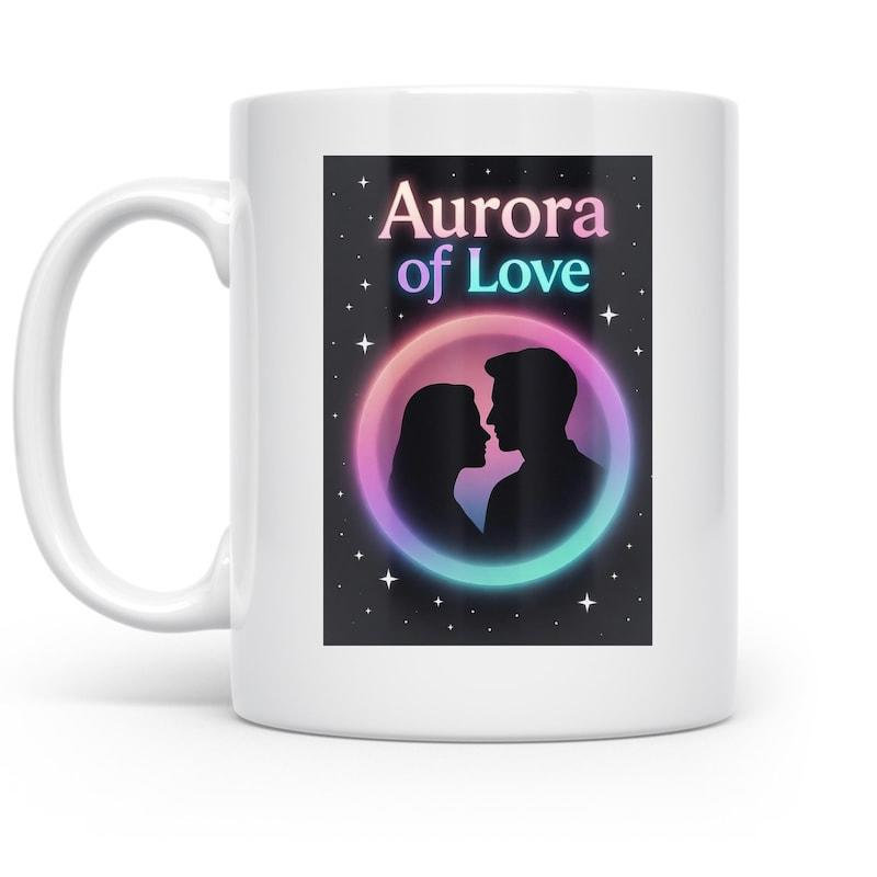 Tailorly White Ceramic 11 oz Mug - Aurora Of Love Romantic Silhouette Standing Within Glowing Vibrant Colorful Circular Nebula Aura Couple