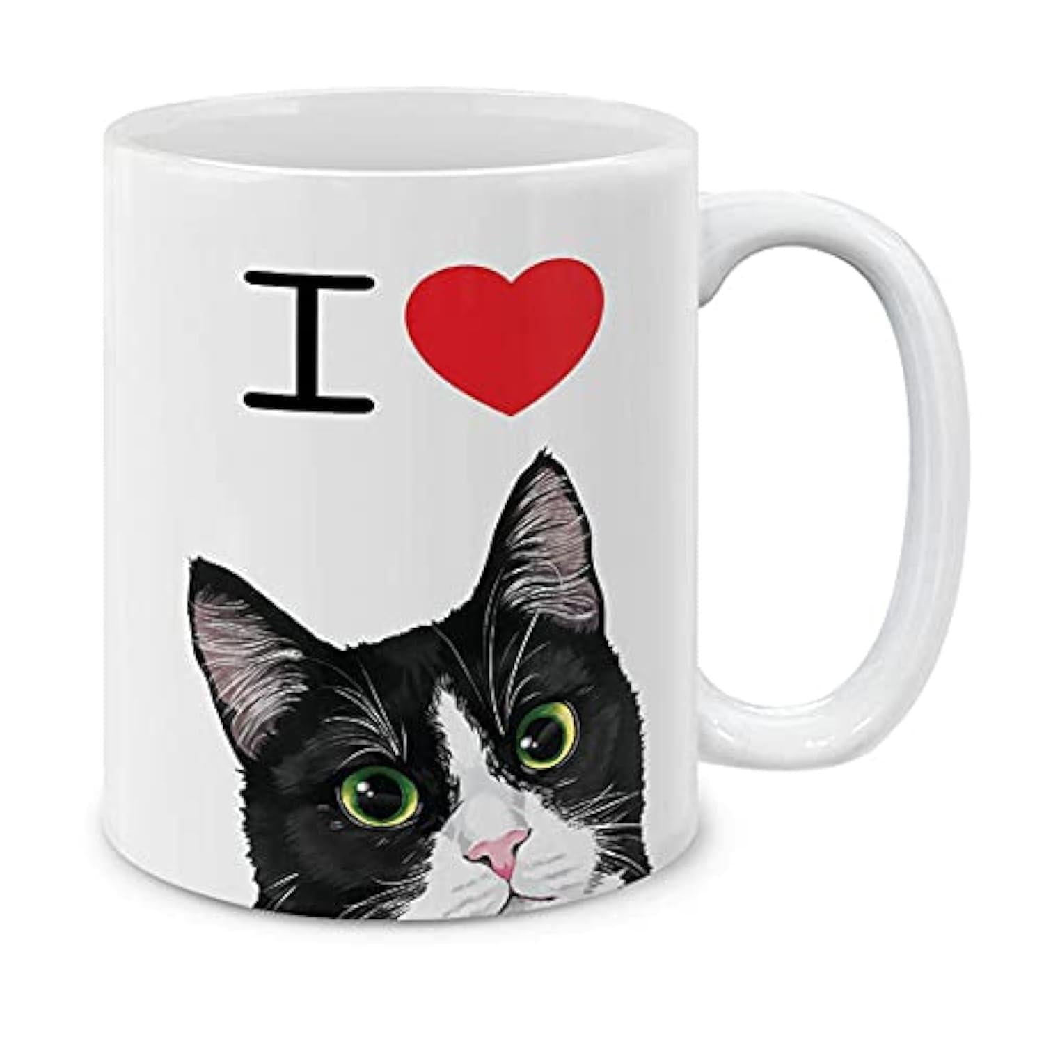 Tailorly White Ceramic 11 oz Mug - I Adorable Peeking Black And White Tuxedo Feline With Red Heart Cat