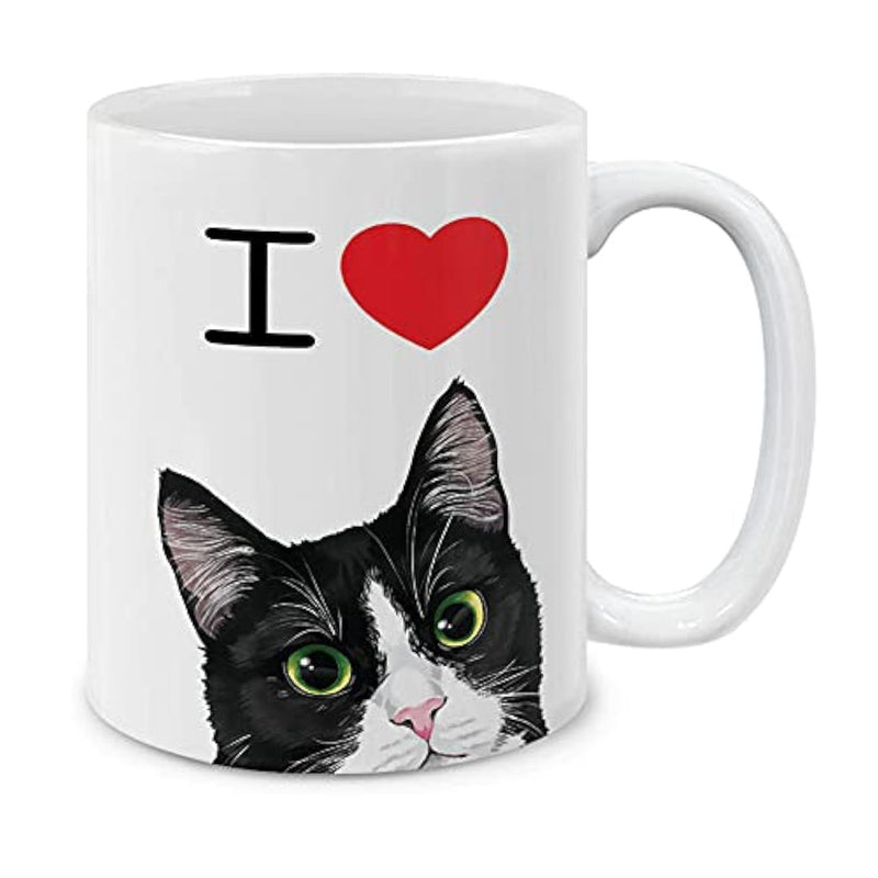 Tailorly White Ceramic 11 oz Mug - I Adorable Peeking Black And White Tuxedo Feline With Red Heart Cat