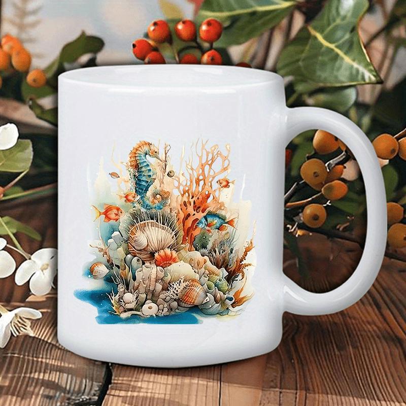Tailorly White Ceramic 11 oz Mug - Vibrant Seahorse Floating Among Colorful Coral And Sea Shells In Deep Ocean Seahorse