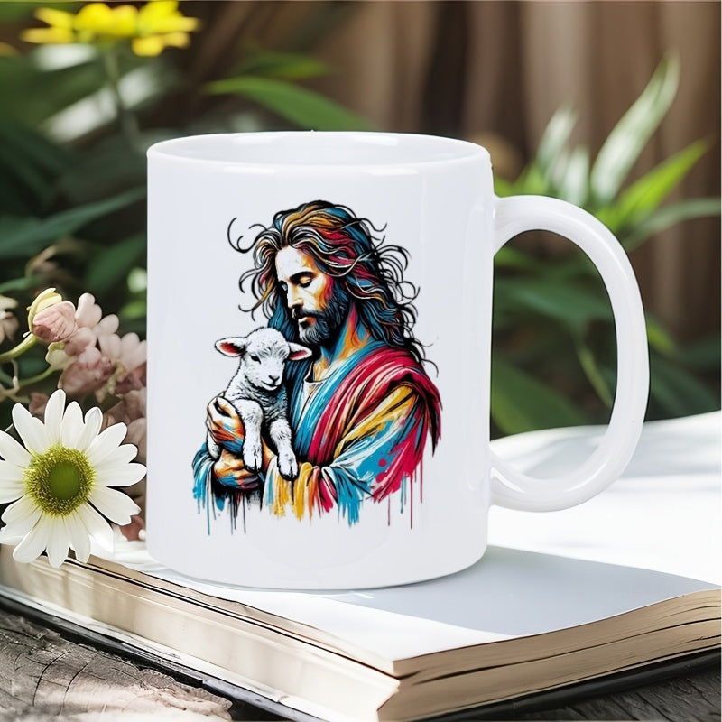 Tailorly White Ceramic 11 oz Mug - Gentle Shepherd Holding Small Innocent Lamb With Compassionate Spiritual Expression Jesus