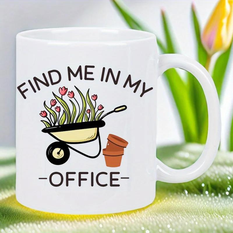 Tailorly White Ceramic 11 oz Mug - Find Me In My Office Blooming Pink Tulips Inside A Rustic Garden Wheelbarrow