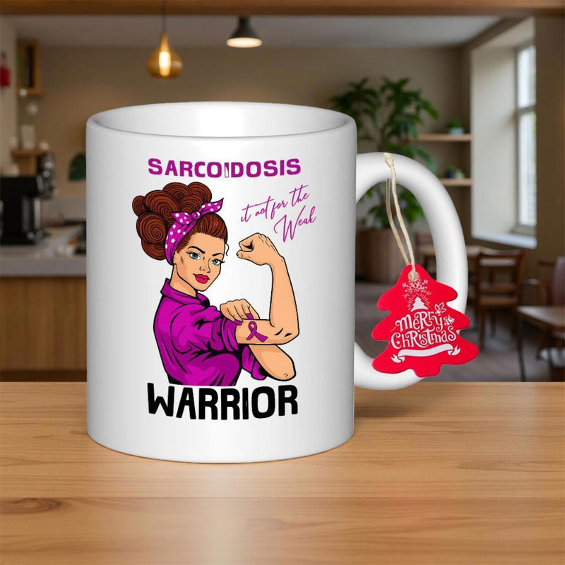 Tailorly White Ceramic 11 oz Mug - Sarcoidosis Warrior Strong Empowered Person Showing Her Muscle Wearing Purple Bandana Shirt Woman