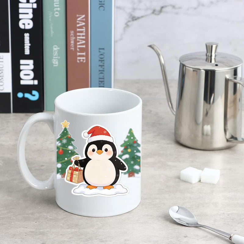 Tailorly White Ceramic 11 oz Mug - Adorable Holiday Cartoon Character Wearing Red Santa Hat Among Snowy Trees Penguin