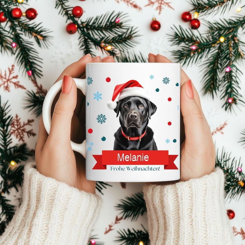 Tailorly White Ceramic 11 oz Mug - Melanie Festive Black Labrador Wearing Red Santa Hat Among Colorful Snowflakes Dog