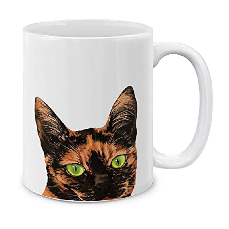 Tailorly White Ceramic 11 oz Mug - Artistic Tortoiseshell Calico With Striking Green Eyes And Pointed Ears Cat