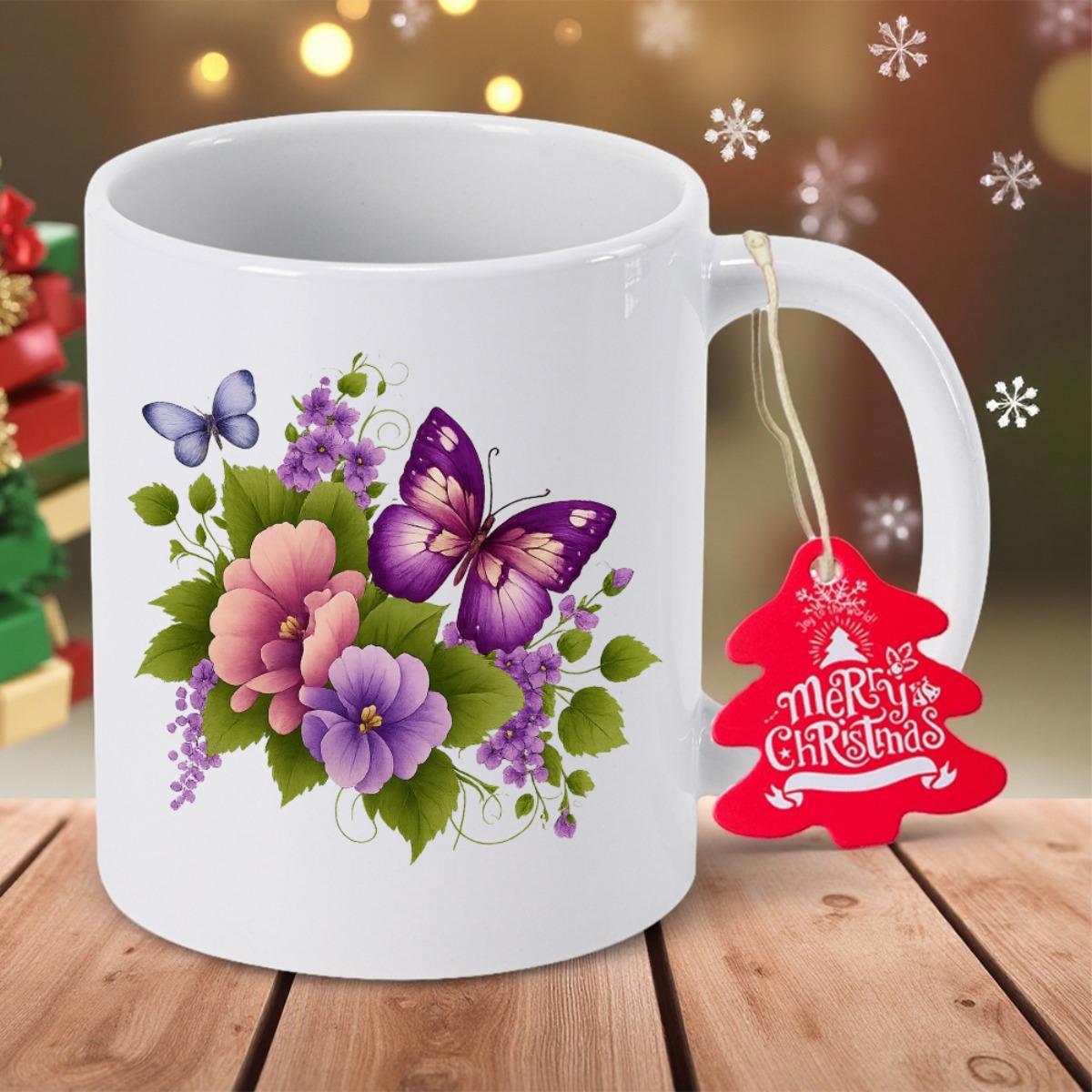 Tailorly White Ceramic 11 oz Mug - Vibrant Purple Butterflies Dancing Over Blooming Floral Garden With Leaves Butterfly