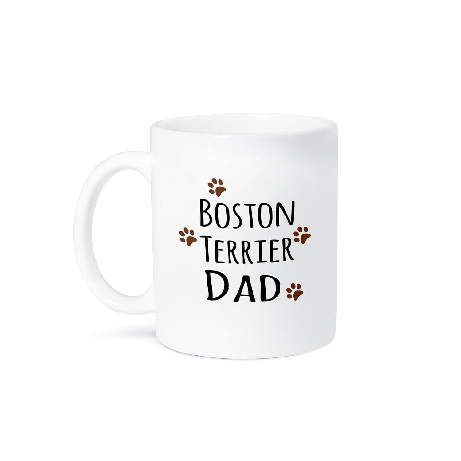 Tailorly White Ceramic 11 oz Mug - Boston Terrier Dad Minimalist Brown Paw Prints Decorated On A Clean Surface Terrier