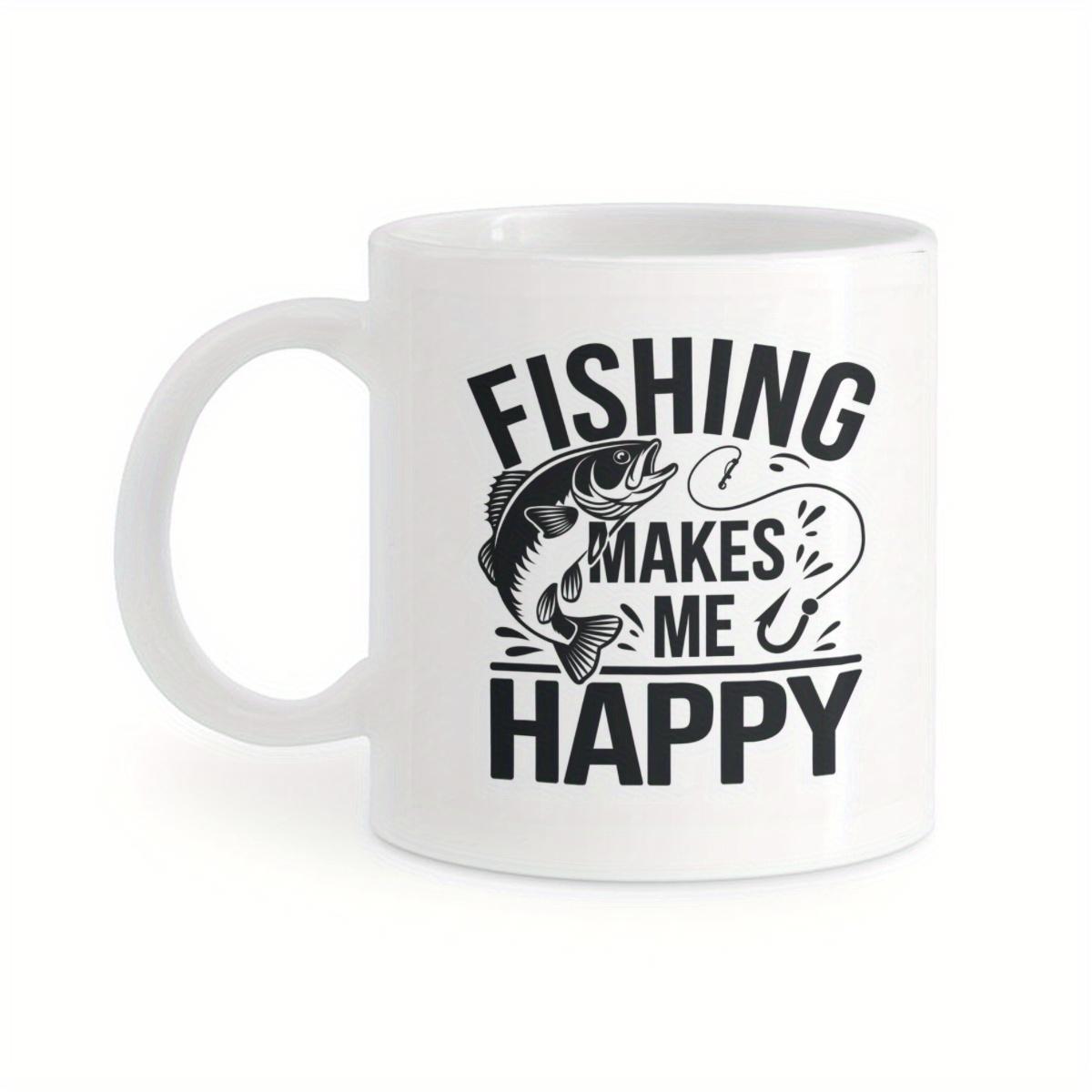 Tailorly White Ceramic 11 oz Mug - Fishing Makes Me Happy Vintage Style Jumping Bass Sketch With Curved Line And Sharp Hook Fish