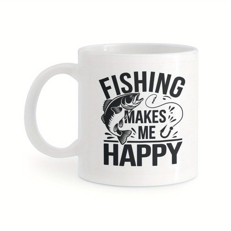 Tailorly White Ceramic 11 oz Mug - Fishing Makes Me Happy Vintage Style Jumping Bass Sketch With Curved Line And Sharp Hook Fish