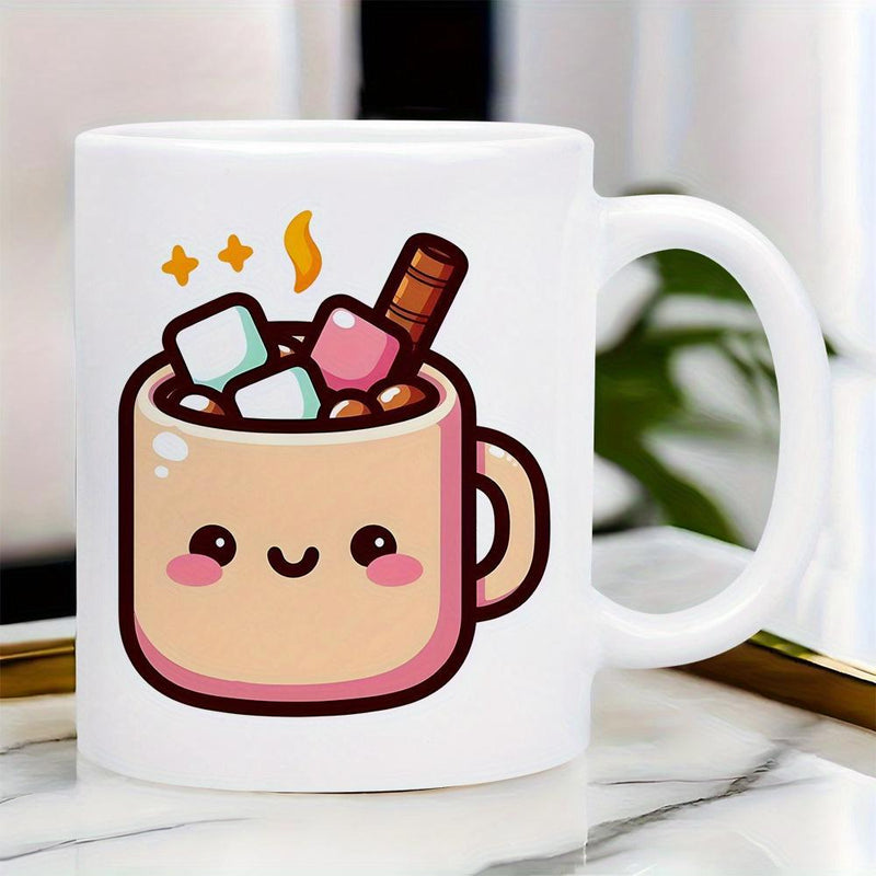 Tailorly White Ceramic 11 oz Mug - Smiling Kawaii Hot Chocolate Illustration Featuring Marshmallows And Chocolate Wafer Mug
