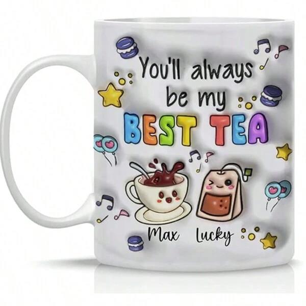 Tailorly White Ceramic 11 oz Mug - Youll Always Be My Best Tea Max Lucky Cute Cartoon Characters With Musical Notes And Colorful Stars Surrounding A Charming