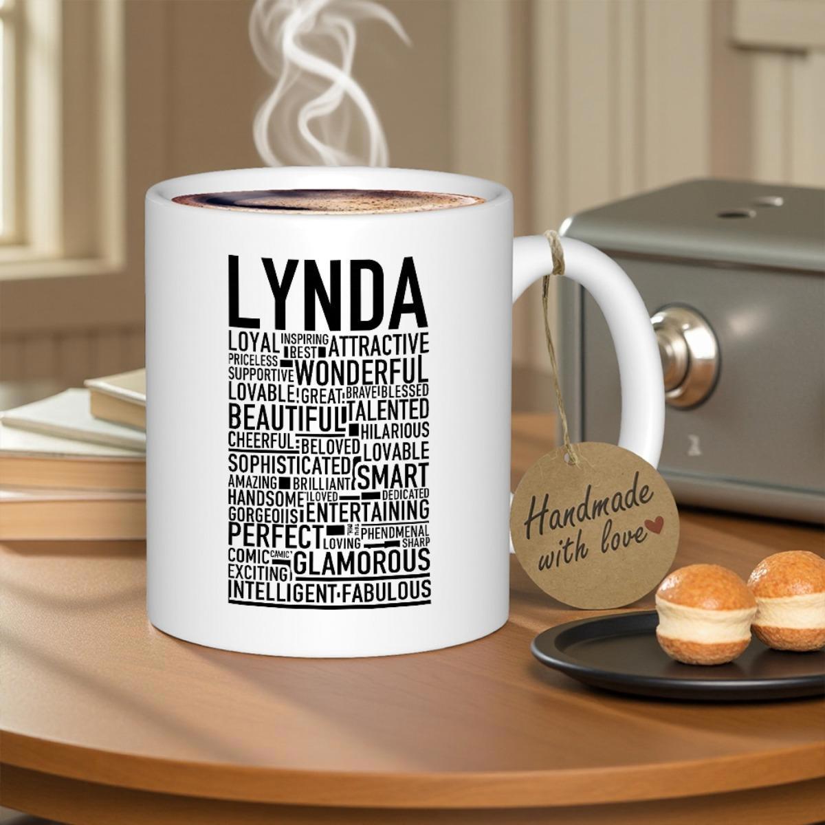 Tailorly White Ceramic 11 oz Mug - Lynda Elegant Bold Black Typography Featuring Various Positive Inspiring Adjectives Sign