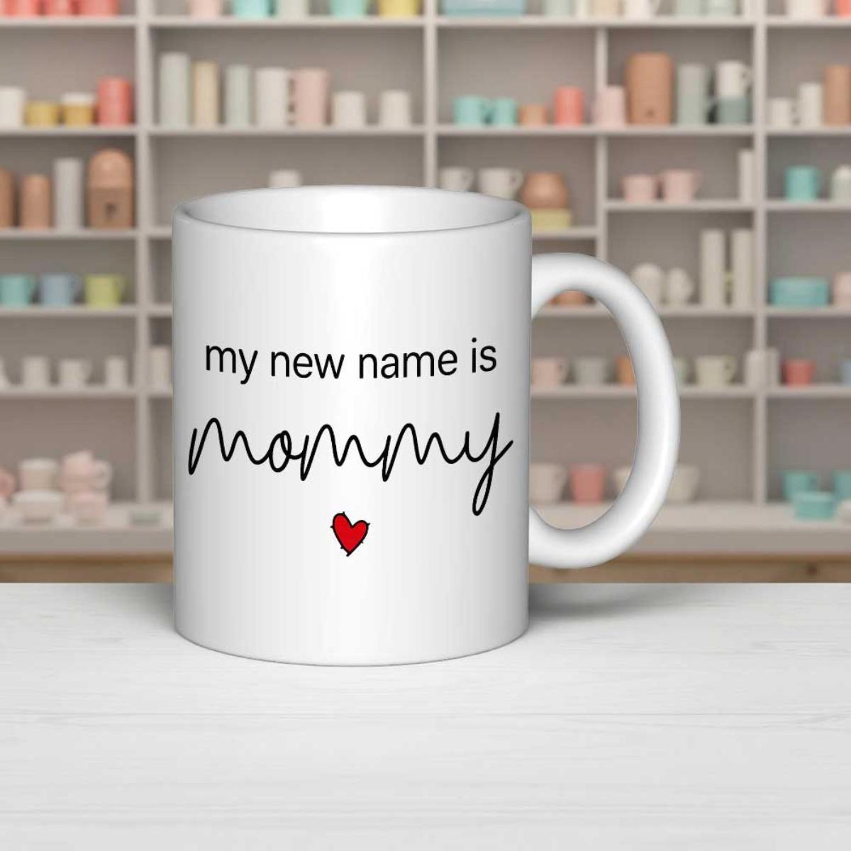Tailorly White Ceramic 11 oz Mug - My New Name Is Mommy Minimalist Featuring Small Delicate Crimson Heart Detail Mug