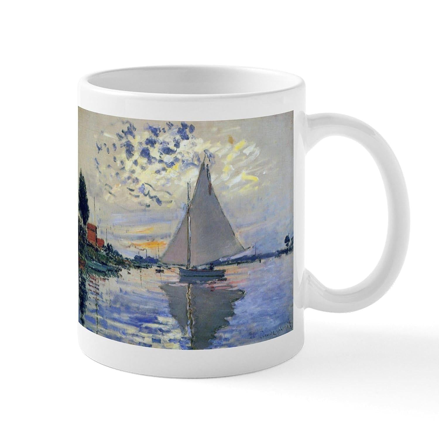 Tailorly White Ceramic 11 oz Mug - Impressionist Oil Painting Style With Serene Water Reflections And Cloudy Sky Sailboat