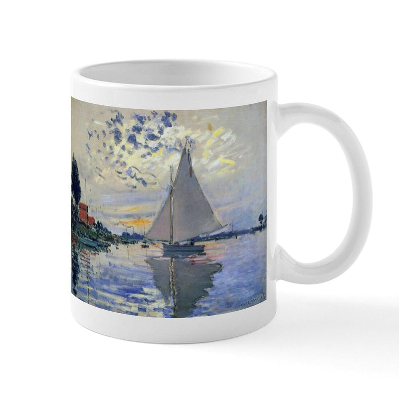 Tailorly White Ceramic 11 oz Mug - Impressionist Oil Painting Style With Serene Water Reflections And Cloudy Sky Sailboat