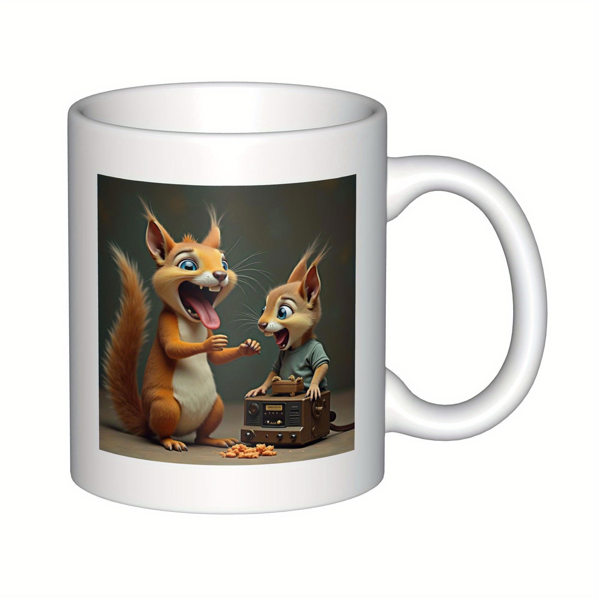 Tailorly White Ceramic 11 oz Mug - Two Cheerful Animated Forest Creatures Laughing Joyfully Near A Vintage Toaster Squirrel