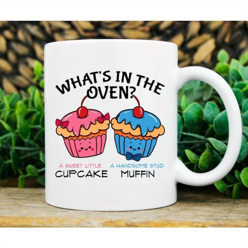 Tailorly White Ceramic 11 oz Mug - What's In The Oven Sweet Little Cupcake Handsome Stud Muffin Two Adorable Cartoon Cupcakes Featuring Smiling Faces And Small Red