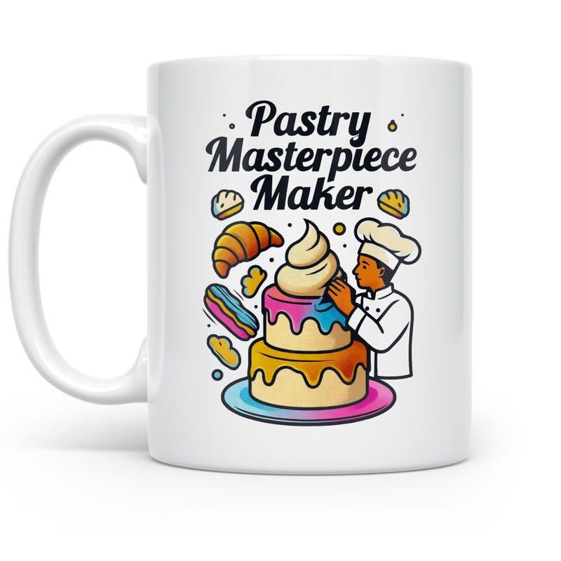 Tailorly White Ceramic 11 oz Mug - Pastry Masterpiece Maker Skilled Professional Baker Decorating A Large Colorful Tiered Cake Baker