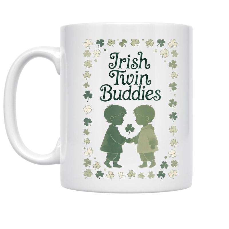 Tailorly White Ceramic 11 oz Mug - Irish Twin Buddies Two Small Silhouettes Holding Hands Within A Green Shamrock Border Children