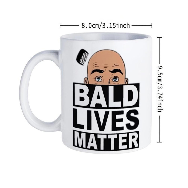 Tailorly White Ceramic 11 oz Mug - Bald Lives Matter Humorous Cartoon Bald Man Peeking Behind Bold Black Block Lettering Portrait