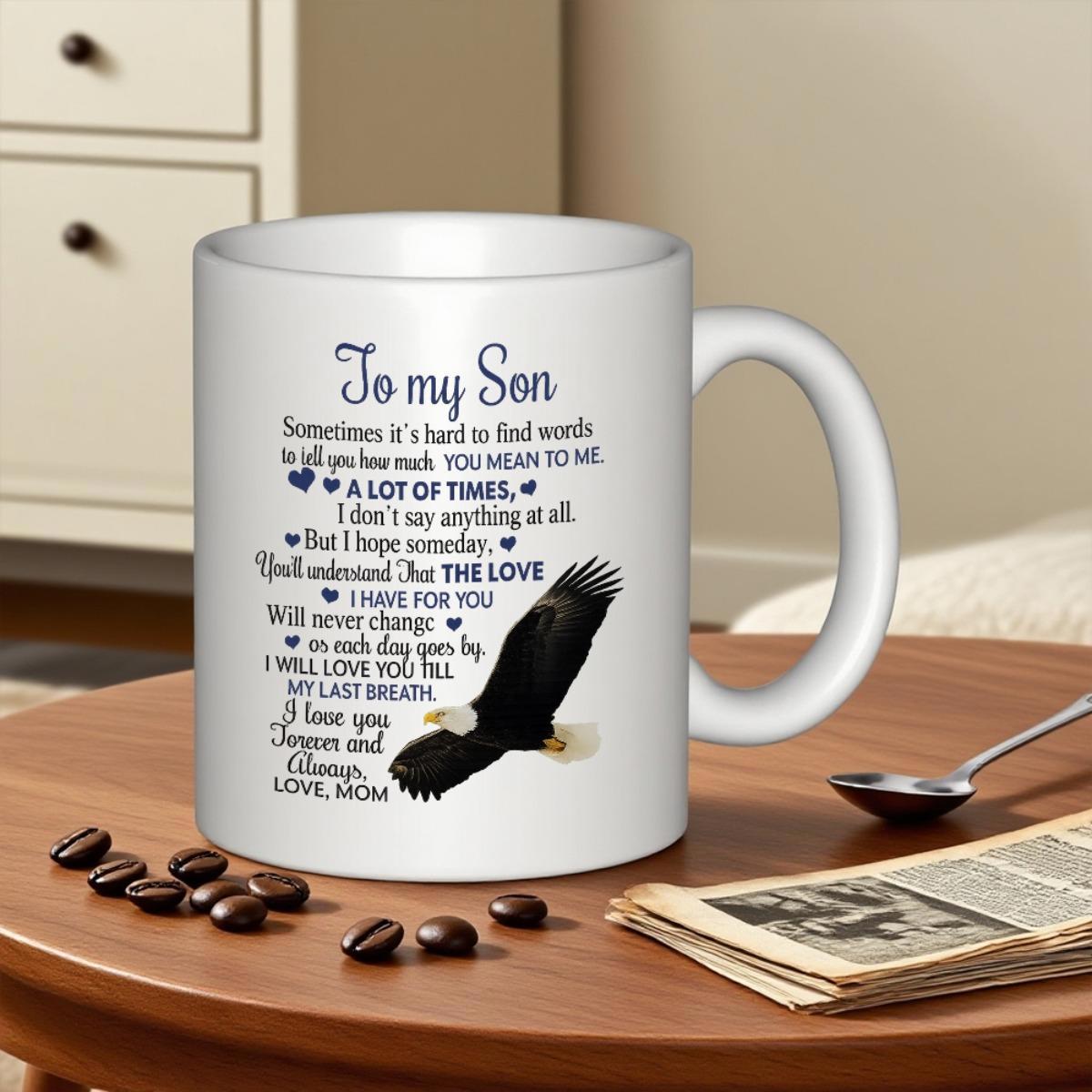 Tailorly White Ceramic 11 oz Mug - To My Son Love Mom Majestic Bald Eagle In Flight With Wide Open Spreading Wings Eagle